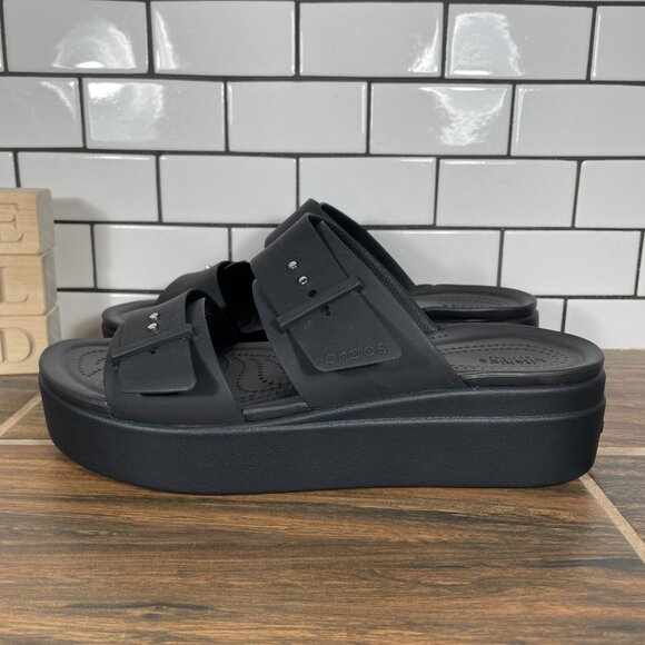 CROCS Brooklyn Buckle Womens Size 11 Shoes Black LiteRide Platform Slide Sandal - Picture 1 of 16